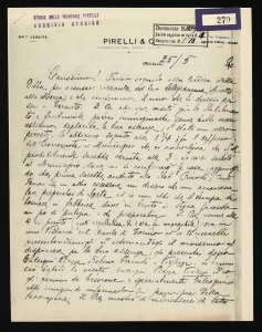 Lettera di Francesco Sormani a Giovanni Battista Pirelli