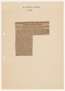 Rassegna stampa del cinquantenario dello stabilimento Pirelli di Villanueva y Geltr&uacute;