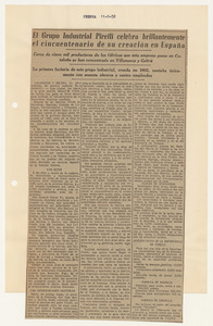 Rassegna stampa del cinquantenario dello stabilimento Pirelli di Villanueva y Geltr&uacute;