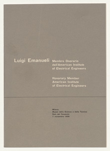 Pubblicazioni e stampa commemorative, consegna medaglia Faraday, cariche ing. Emanueli