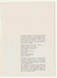 Pubblicazioni e stampa commemorative, consegna medaglia Faraday, cariche ing. Emanueli
