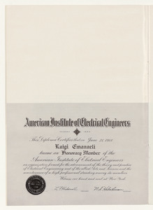 Pubblicazioni e stampa commemorative, consegna medaglia Faraday, cariche ing. Emanueli