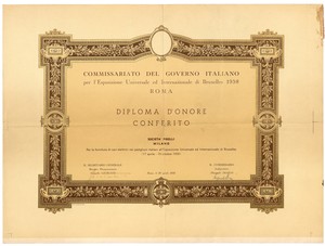 Diploma d'onore conferito alla Pirelli Spa per la fornitura di cavi elettrici nei padiglioni italiani all'Esposizione Universale e Internazionale di Bruxelles, 17 aprile - 19 ottobre 1958