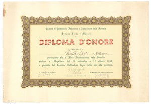 Diploma d'onore conferito alla Pirelli Spa per la partecipazione alla quinta Fiera Internazionale della Somalia, 28 settembre - 12 ottobre 1959