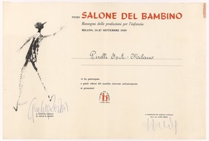 Attestato di partecipazione al primo Salone del bambino, Milano, 13-27 settembre 1959