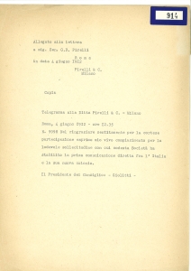Copia telegramma alla Ditta Pirelli & C. - Milano