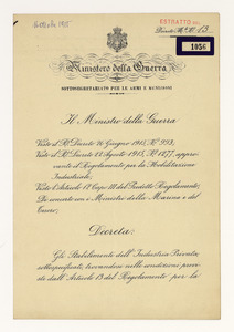Estratto del Decreto ministeriale n. 13 del 16 ottobre 1915 e notifiche relative