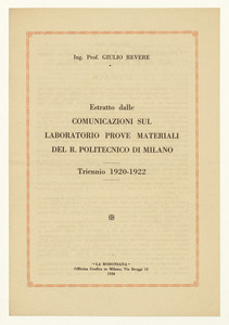 Estratto dalle comunicazioni sul laboratorio prove materiali del R. Politecnico di Milano/Triennio 1920 - 1922