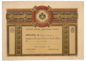 Diploma di fuori concorso della Seconda Mostra campionaria eritrea di Asmara del 1925