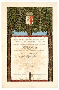 Diploma per il premio di 1° grado del Comitato della Mostra di Leonardo da Vinci e delle invenzioni italiane di Milano del 1926