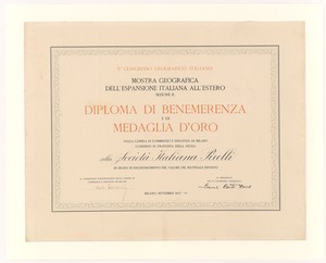 Diploma di benemerenza e di medaglia d'oro