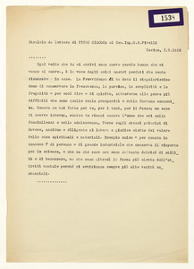 Stralcio da lettera di Piero Giacosa al Sen. Ing. G. B. Pirelli