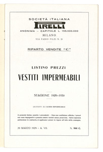 Impermeabili Pirelli stagione 1929 - 30 listino