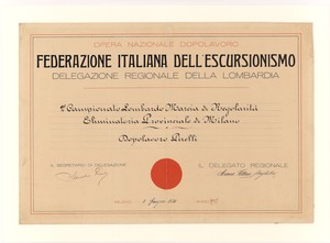 Diploma di partecipazione al II Campionato Lombardo Marcia di Regolarit&agrave; dell'Opera Nazionale Dopolavoro