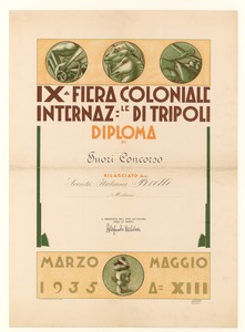 &#34;Diploma di fuori concorso alla IX Fiera Coloniale Internazionale di Tripoli del 1935&#34;
