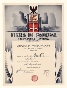 Diploma di partecipazione alla XVII Fiera di Padova del 1935