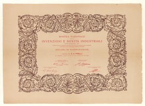 &#34;Diploma di partecipazione alla Mostra nazionale delle invenzioni e novità industriali di Torino del 1935&#34;