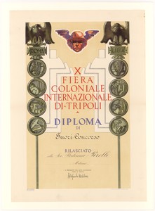 Diploma di fuori concorso per la X Fiera Coloniale Internazionale di Tripoli del 1936