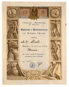 Diploma di benemerenza con medaglia d'acciaio per la collaborazione con il Comitato Provinciale di Milano dell'Opera Nazionale Balilla