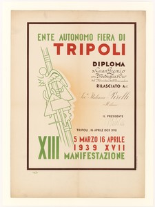 Diploma di Gran Premio con medaglia d'oro per la XIII Fiera di Tripoli del 1939