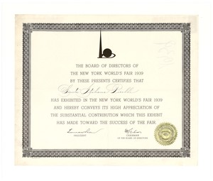 Certificato di partecipazione alla Fiera Mondiale di New York del 1939