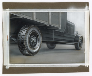 Foto veduta parziale di autocarro con pneumatici giganti Pirelli
