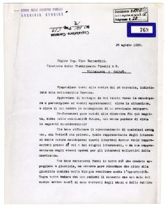 Lettera di Giovanni Battista Pirelli all'ingegner Ciro Bermardini