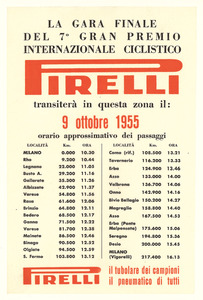 Avviso di passaggio a Milano e in altre città della Lombardia del 7° Gran Premio Ciclistico Pirelli