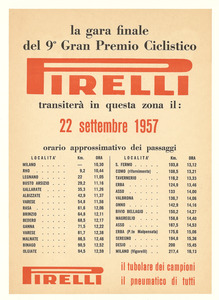 Avviso di passaggio a Milano e in altre città della Lombardia del 9° Gran Premio Ciclistico Pirelli