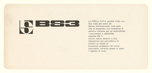 Invito in lingue italiana, inglese e francese alla presentazione del pneumatico BS3 Pirelli presso il 41° Salone Internazionale dell'Automobile di Torino