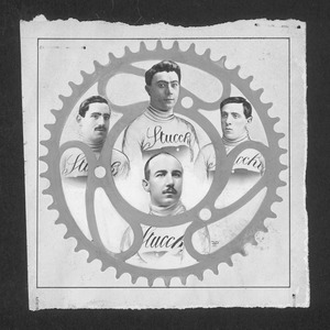 Composizione di ritratti di corridori ciclisti della squadra Stucchi: il disegno rappresenta una corona dentata