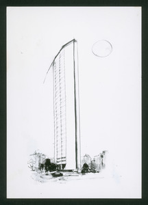 Disegno di Trento Longaretti: veduta del Centro Pirelli dalla Stazione Centrale di Milano