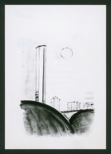 Disegno di Trento Longaretti: veduta del Centro Pirelli dalla Stazione Centrale di Milano, in primo piano sono visibili le tettoie di copertura