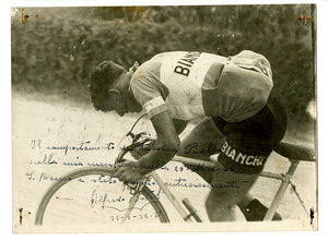 The 25th Milano-Sanremo. on 20 March 1932: the event was won by Alfredo Bovet on a Bianchi bicycle fitted with Pirelli tubular tyres, followed by Alfredo Binda on Legnano-Clément and Michele Mara on Bianchi. The photo shows the winner Alfredo Bovet at one moment in the race