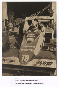 Il pilota Ayrton Senna su Toleman-Hart n. 19