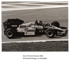 Il pilota Gerhard Berger, al suo debutto in Formula 1, su ATS-BMW n. 31 gommata Pirelli