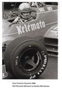 Il pilota Piercarlo Ghinzani su Osella-Alfa Romeo n. 24 equipaggiata con pneumatici radiali Pirelli P7