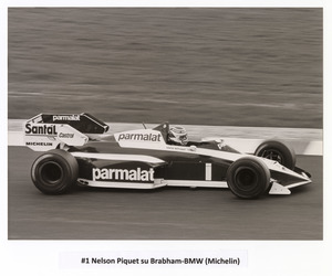 Il pilota Nelson Piquet su Brabham-BMW n. 1 nel 1984, probabilmente durante il Gran Premio d'Europa disputatosi sul Circuito del N&uuml;rburgring il 7 ottobre 1984