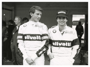 I piloti Fran&ccedil;ois Hesnault  (n. 8)  e Nelson Piquet  (n.7) della scuderia Brabham