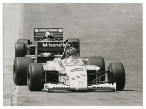Il pilota Piercarlo Ghinzani (n.20) su Toleman-Hart gommata Pirelli